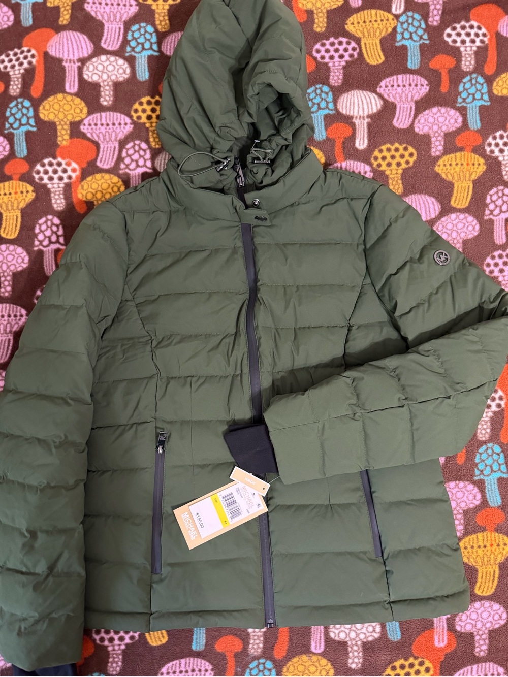 NWT MICHAEL Michael Kors Olive Green Quilted Down Hooded Puffer Coat